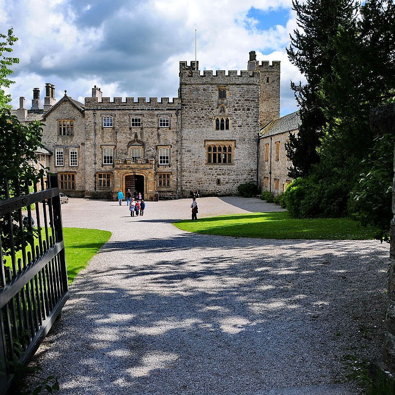 DSC_8654 The castle entrance, with the pele tower on the right. The romantic fortified mansion contains some of the finest Elizabethan carved overmantels in the country,...