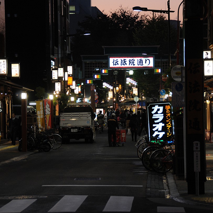 DSC_6630 Zu beiden Seiten des Nakamise-dori, der Straße zwischen dem kaminari-mon und dem eigentlichen Tempel, befinden sich kleine Verkaufsstände, die Souvenirs...